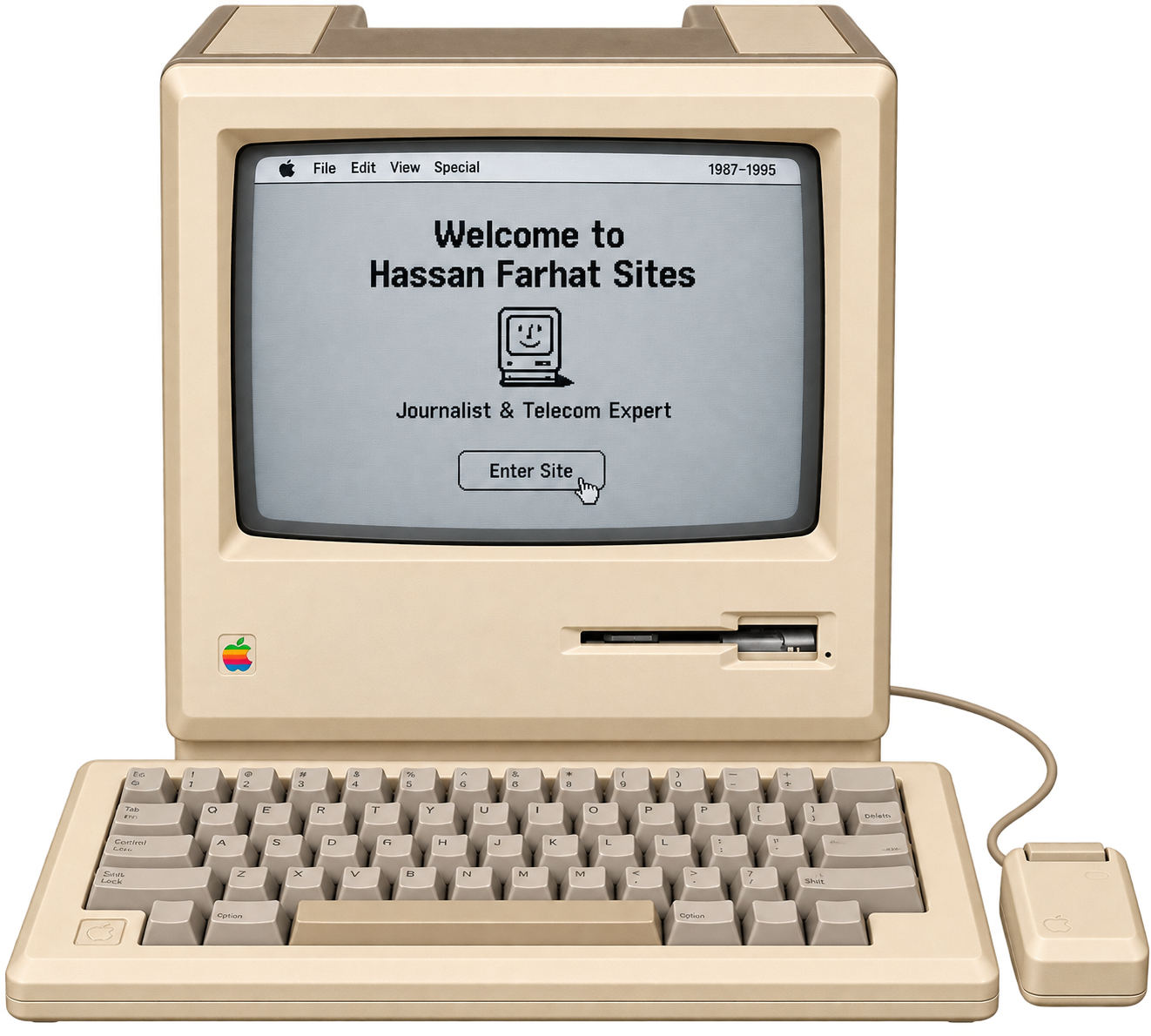Vintage Macintosh computer with keyboard and mouse